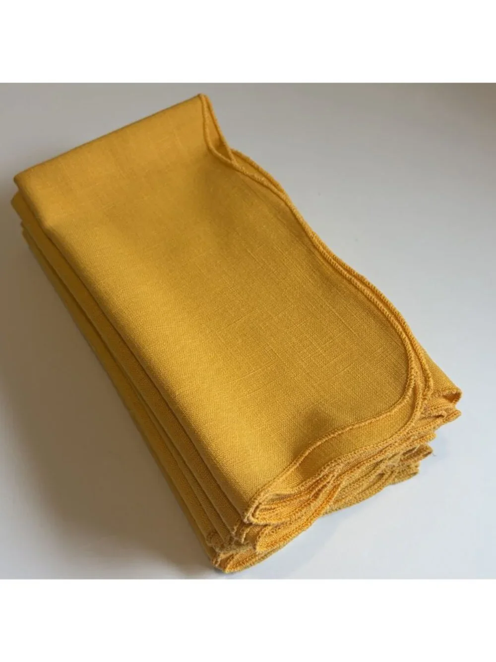 Set 8 Mustard Yellow Linen Cloth Napkins Scalloped Dinner Party Fall Tablescape